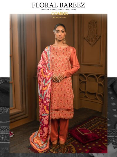 floral bareez by gull jee premium embroidered collection orange / peach