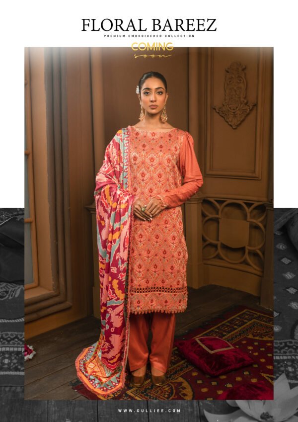 floral bareez by gull jee premium embroidered collection orange / peach