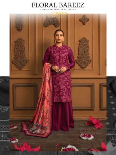 Floral bareez by Gull jee premium embroidered collection magenta