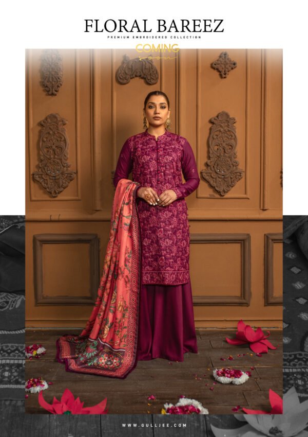 Floral bareez by Gull jee premium embroidered collection magenta