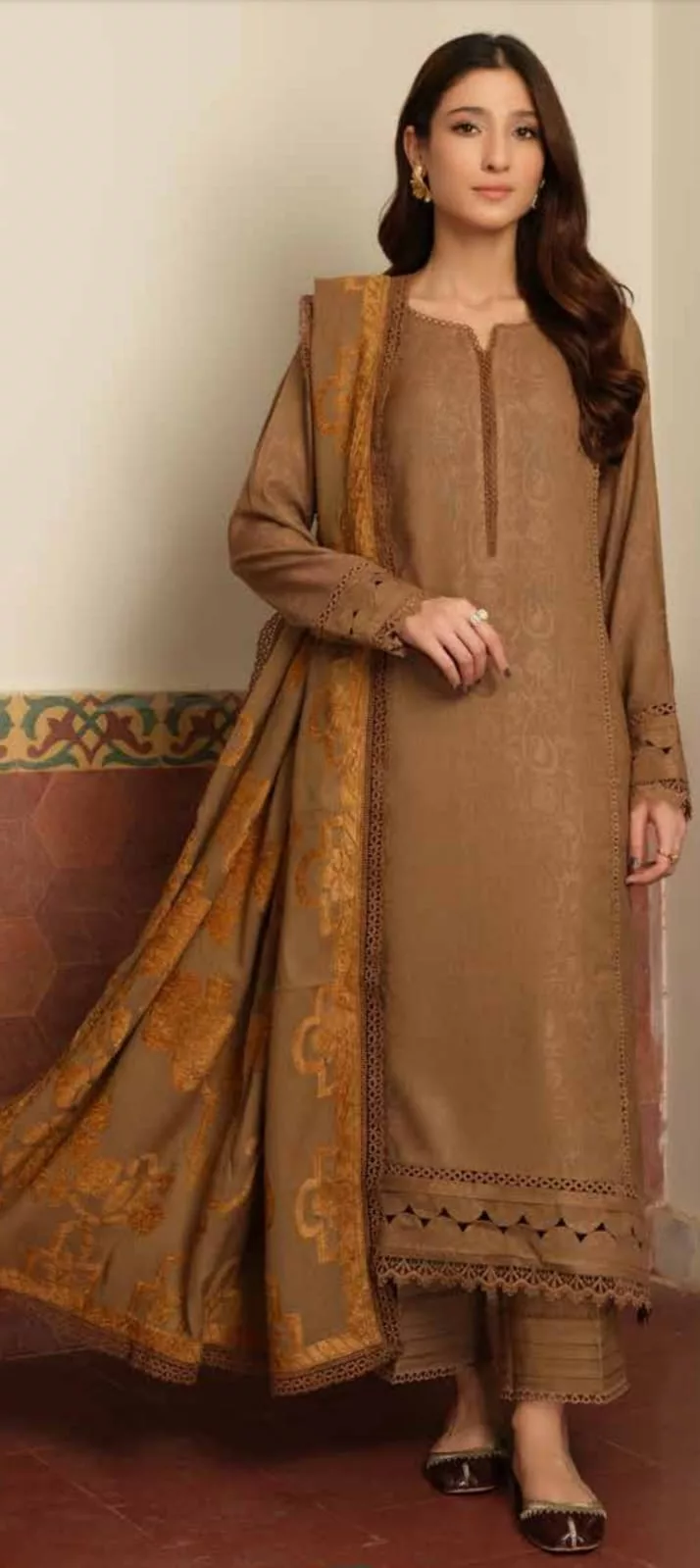 IMG-20241025-WA0035 Tehzeeb by Riaz Arts Leather Peach with Velvet Jacquard Shawl 3pc | TL-332