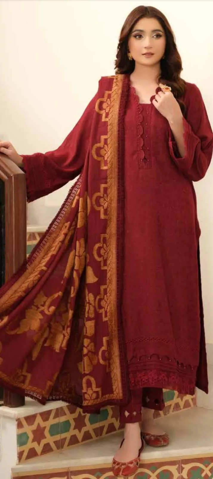 IMG-20241025-WA0038 Tehzeeb by Riaz Arts Leather Peach with Velvet Jacquard Shawl 3pc | TL-331