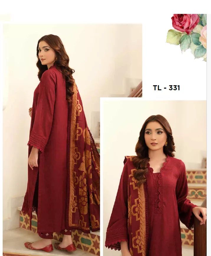 TL - 331 Tehzeeb by Riaz Arts Leather Peach with Velvet Jacquard Shawl 3pc | TL-331 - Image 2