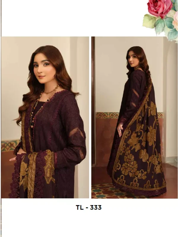Tehzeeb by Riaz Arts Leather Peach with Velvet Jacquard Shawl 3pc | TL-333 - Image 2